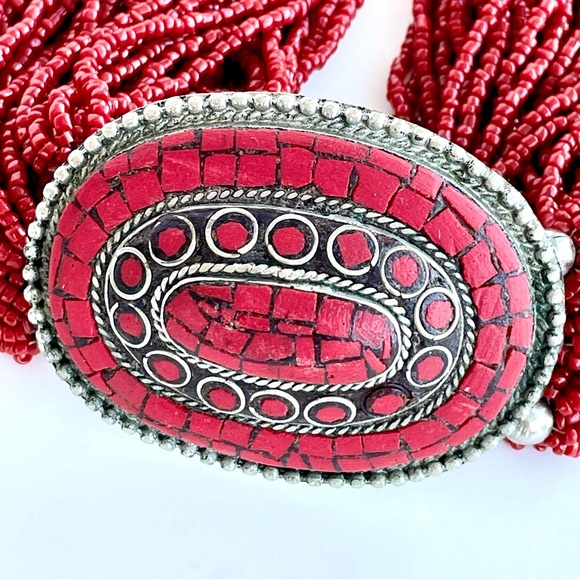 Vintage Hand Made Ethnic Tibetan Beaded Belt Red Seed Bead - Picture 3 of 16